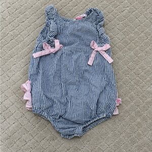 Ruffle Butts Navy and Pink Seersucker Striped One Piece for Baby Girl